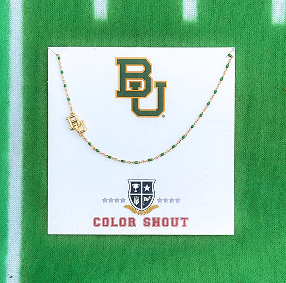 N201 BAY-The Baylor University Logo Necklace: Side Set BU Logo on Green Enamel Bead Necklace