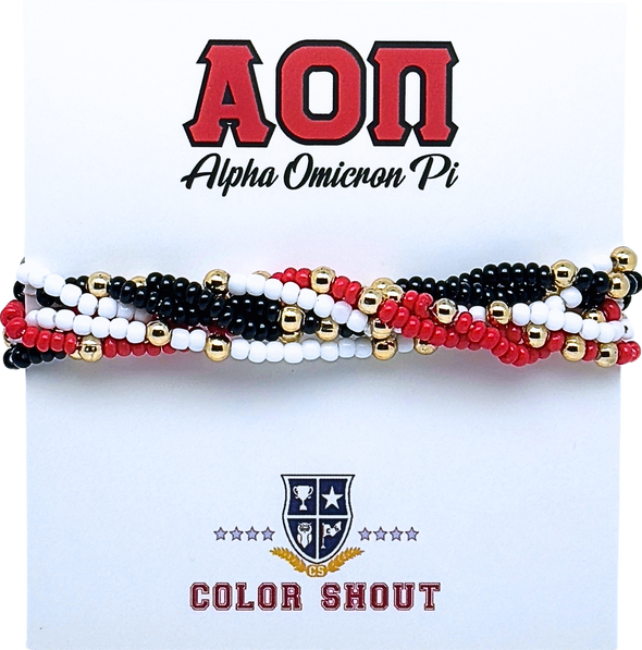 B201 AOP-Alpha Omicron Pi Colors Stack: Set of 6 Beaded Stretch Bracelets