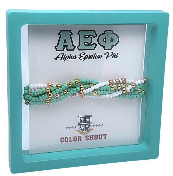 B201 AEP- Alpha Epsilon Phi Colors Stack: Set of 6 Beaded Stretch Bracelets
