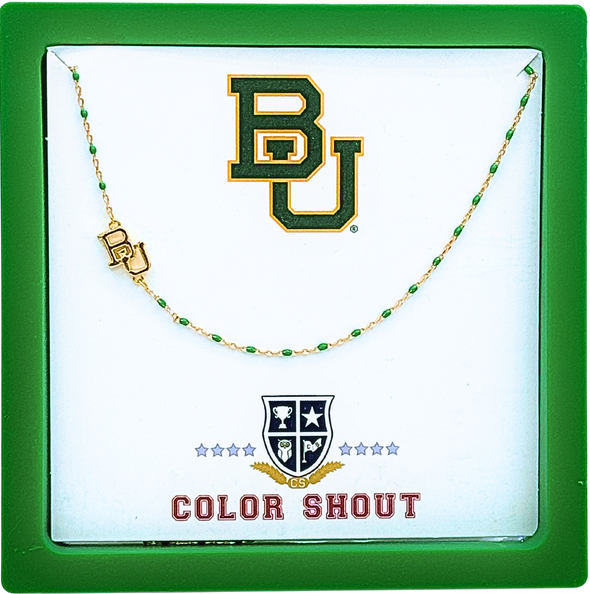 N201 BAY-The Baylor University Logo Necklace: Side Set BU Logo on Green Enamel Bead Necklace