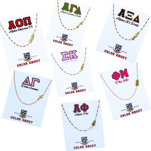 N201-The Sorority Necklace: Side Set Greek letters on Enamel Bead Necklace