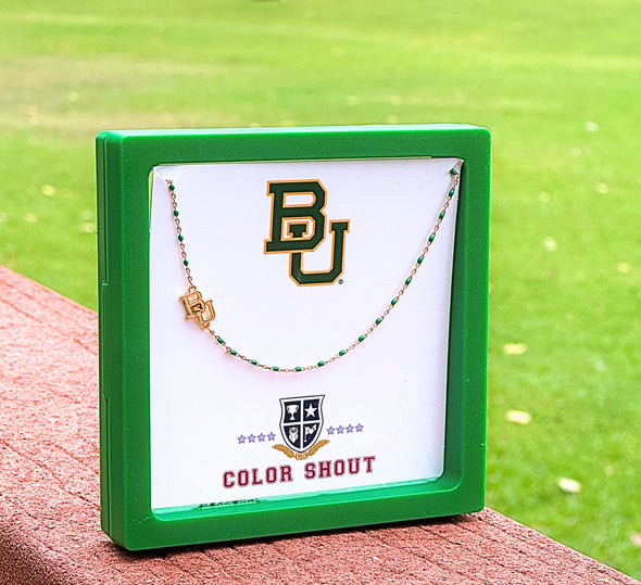 N201 BAY-The Baylor University Logo Necklace: Side Set BU Logo on Green Enamel Bead Necklace