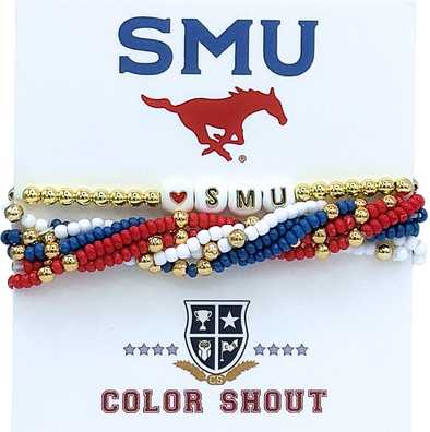 B209 - SMU, SMU 'Lucky 7' bracelet stack: Set of 6 Beaded Stretch Bracelets with SMU Enamel Tile bracelet.
