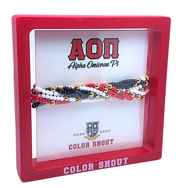 B201 AOP-Alpha Omicron Pi Colors Stack: Set of 6 Beaded Stretch Bracelets