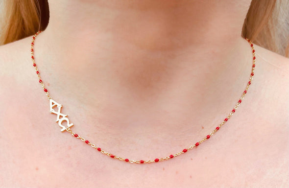 N201-The Sorority Necklace: Side Set Greek letters on Enamel Bead Necklace