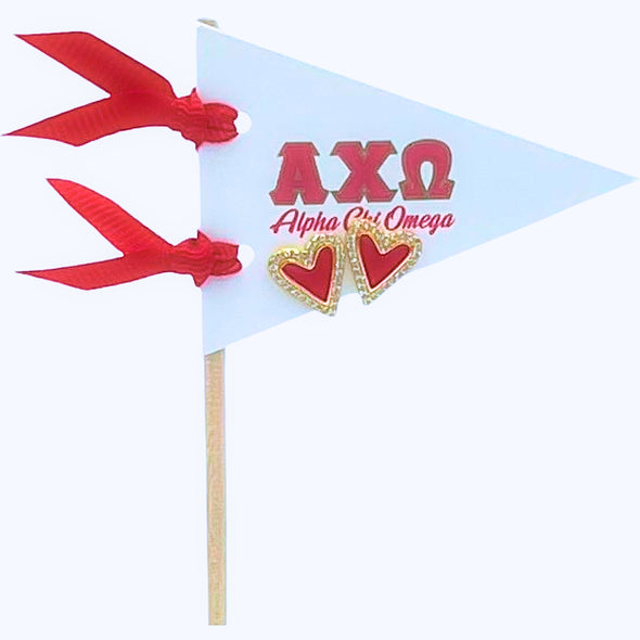 E205-I Love my Sorority: Alpha Chi Omega Bright Color Heart Studs on Greek Letter Pennant Flag