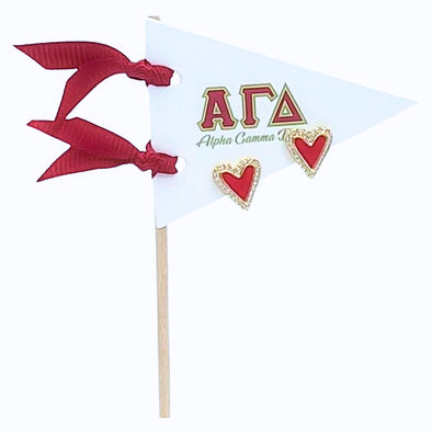 E205-I Love my Sorority: Alpha Gamma Delta Bright Color Heart Studs on Greek Letter Pennant Flag
