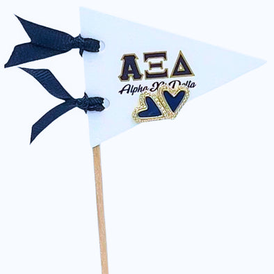 E205-I Love my Sorority: Alpha Xi Delta Bright Color Heart Studs on Greek Letter Pennant Flag
