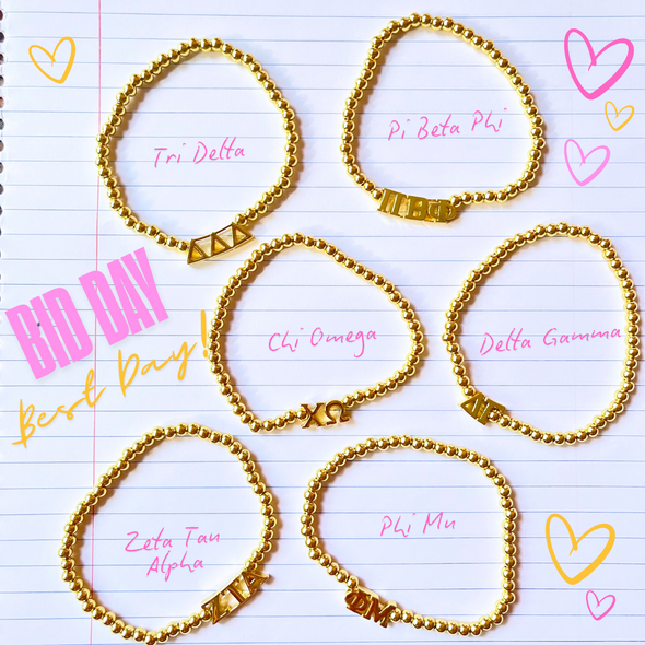 Sorority: Gold Beaded Bracelet with Greek Letters on Stretch Cord