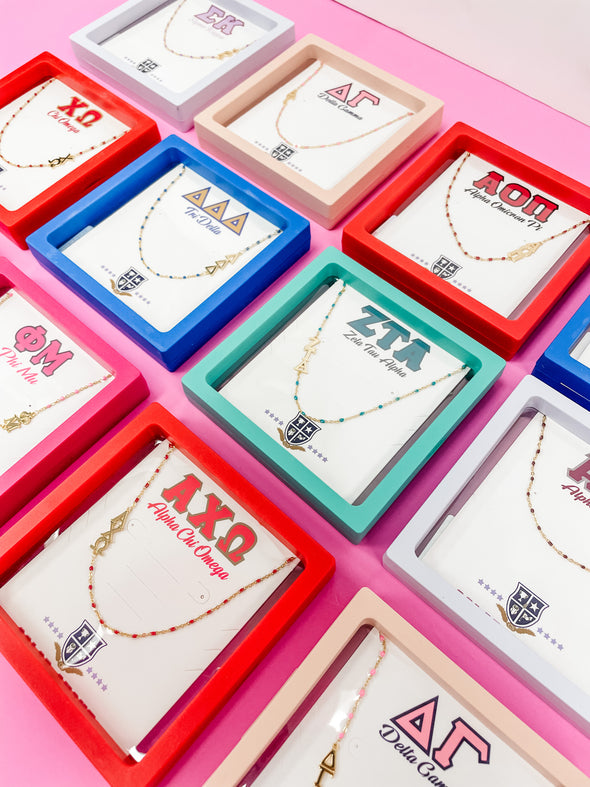 The Sorority Necklace: Side Set Greek letters on Enamel Bead Necklace