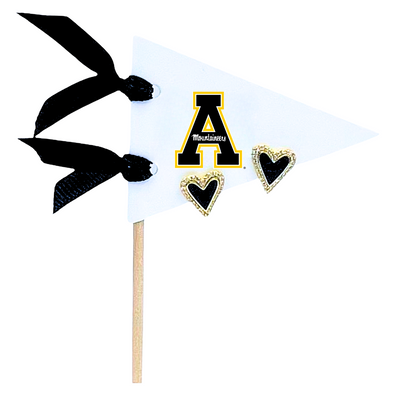 E205-APP I Love App: Black and Gold Heart Studs on Appalachian State Logo Pennant Flag