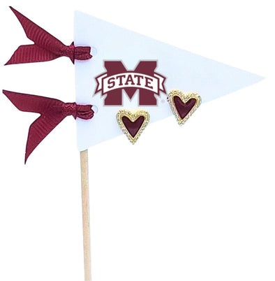 E205-MSU I Love MSU: Maroon Color Heart Studs on Mississippi State Logo Pennant Flag