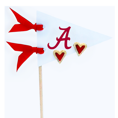E205-AL Love Alabama: Crimson Red Color Heart Studs on Alabama Logo Pennant Flag