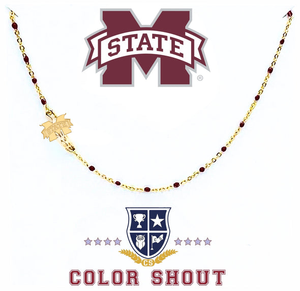 N201-MSU The Mississippi State Necklace: Side Set MSU Logo with Enamel Bead Necklace