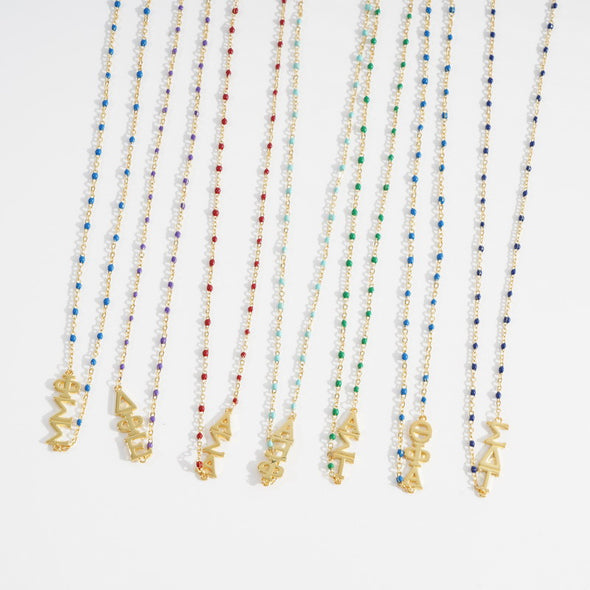 N201-The Sorority Necklace: Side Set Greek letters on Enamel Bead Necklace