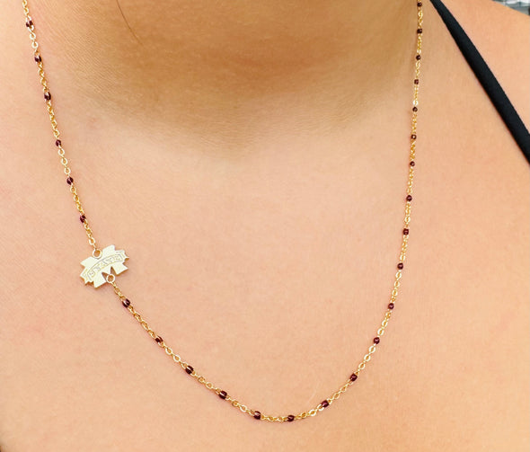 N201-MSU The Mississippi State Necklace: Side Set MSU Logo with Enamel Bead Necklace