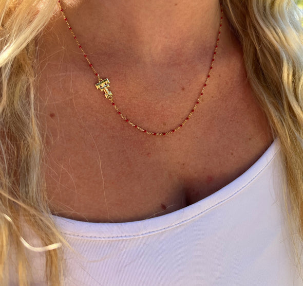 The Texas Tech Necklace: Side Set Texas Tech Logo on Enamel Bead Necklace