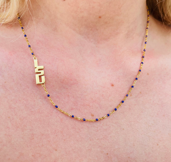 The LSU Logo Necklace: Side Set Logo on Enamel Bead Necklace