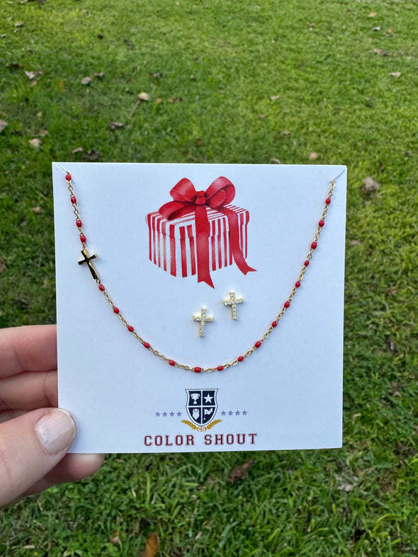 Holiday Happies: Cross Side Set Enamel Necklace and Cross Stud Earring