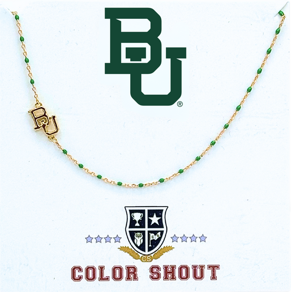 N201 BAY-The Baylor University Logo Necklace: Side Set BU Logo on Green Enamel Bead Necklace