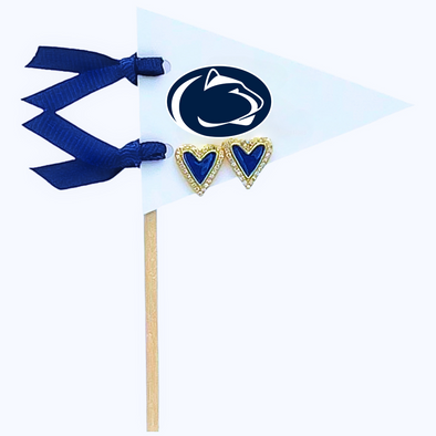 E205 - PENN : Navy Heart Studs on Logo Pennant Flag