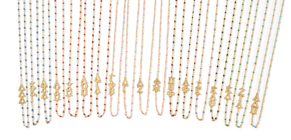 N201-The Sorority Necklace: Side Set Greek letters on Enamel Bead Necklace