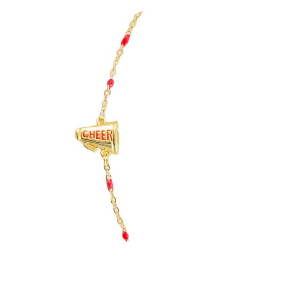 N203-CHEER The Game Day Cheer Necklace: Cheerleading Megaphone on Enamel Red Bead Necklace