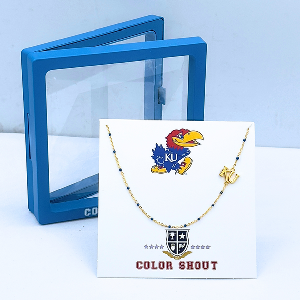 N201 KAN-The Kansas University Logo Necklace: Side Set KU Logo on Blue Enamel Bead Necklace