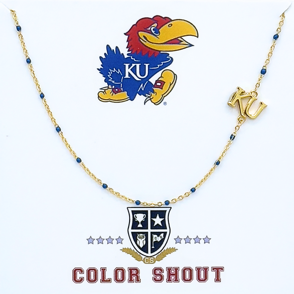N201 KAN-The Kansas University Logo Necklace: Side Set KU Logo on Blue Enamel Bead Necklace