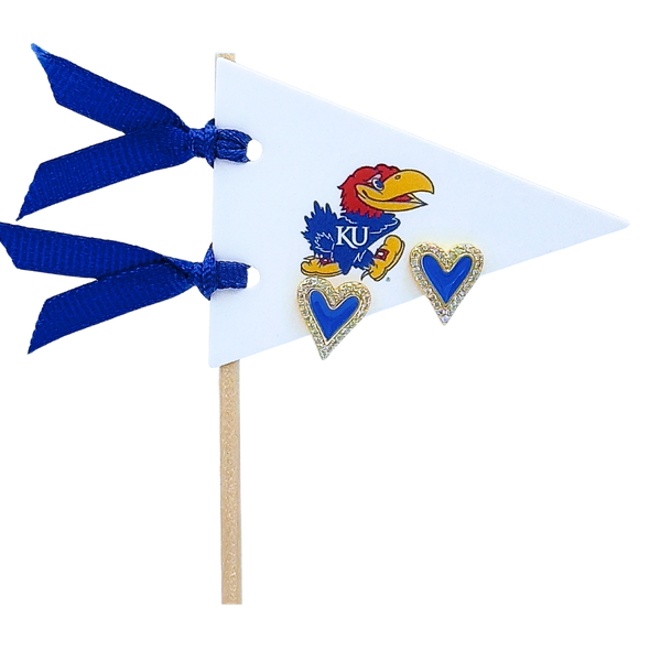 E205 - KAN : University of Kansas Heart Studs on Logo Pennant Flag