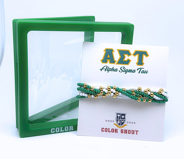 B201 AST-Alpha Sigma Tau Colors Stack: Set of 6 Beaded Stretch Bracelets