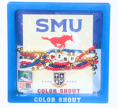 B209 - SMU, SMU 'Lucky 7' bracelet stack: Set of 6 Beaded Stretch Bracelets with SMU Enamel Tile bracelet.