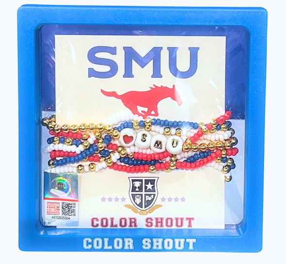 SMU Colors Stack: Set of 6 Beaded Stretch Bracelets with SMU Enamel Tile bracelet.