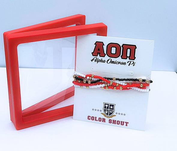 B201 AOP-Alpha Omicron Pi Colors Stack: Set of 6 Beaded Stretch Bracelets