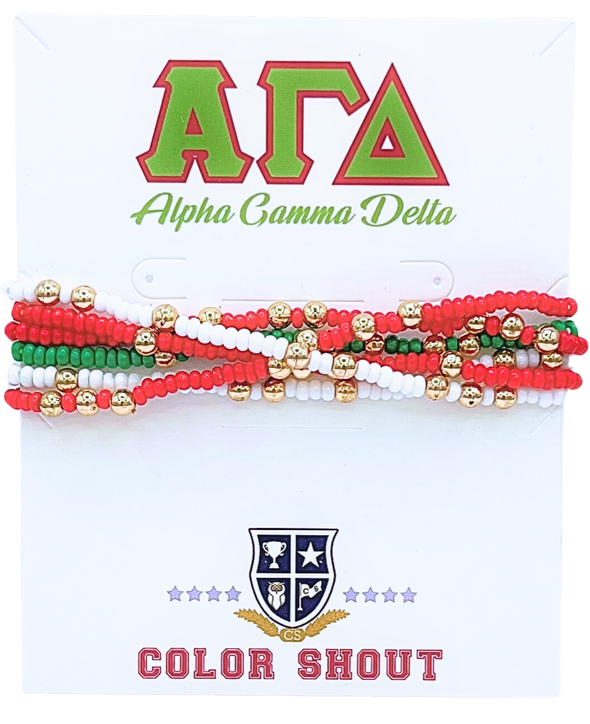 Alpha Gamma Delta Colors Stack: Set of 6 Beaded Stretch Bracelets