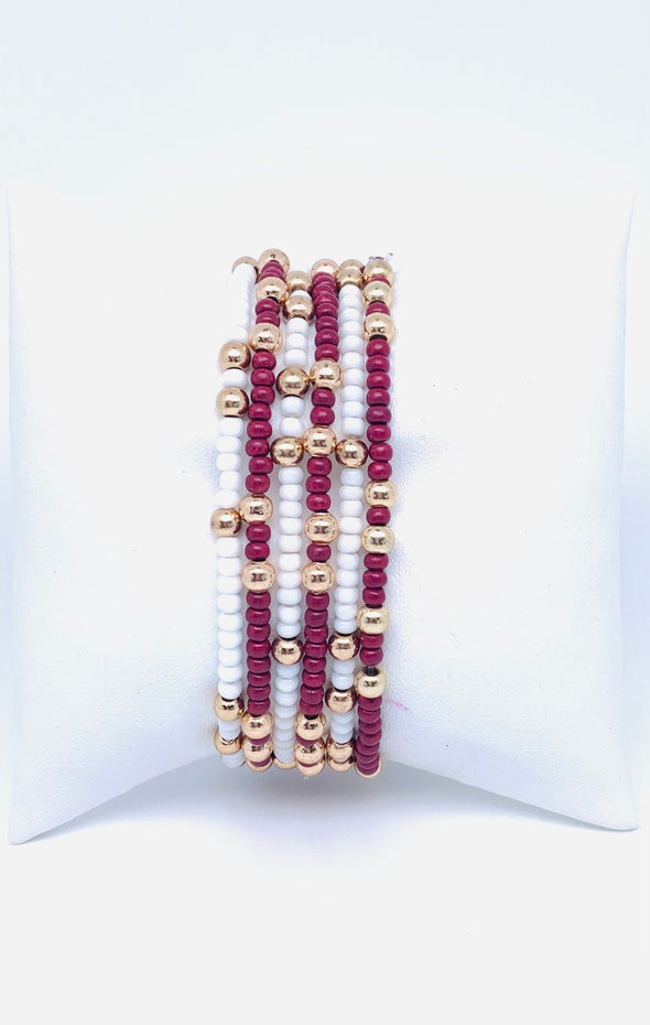 Maroon and White Set of 6 Stretch Bracelets