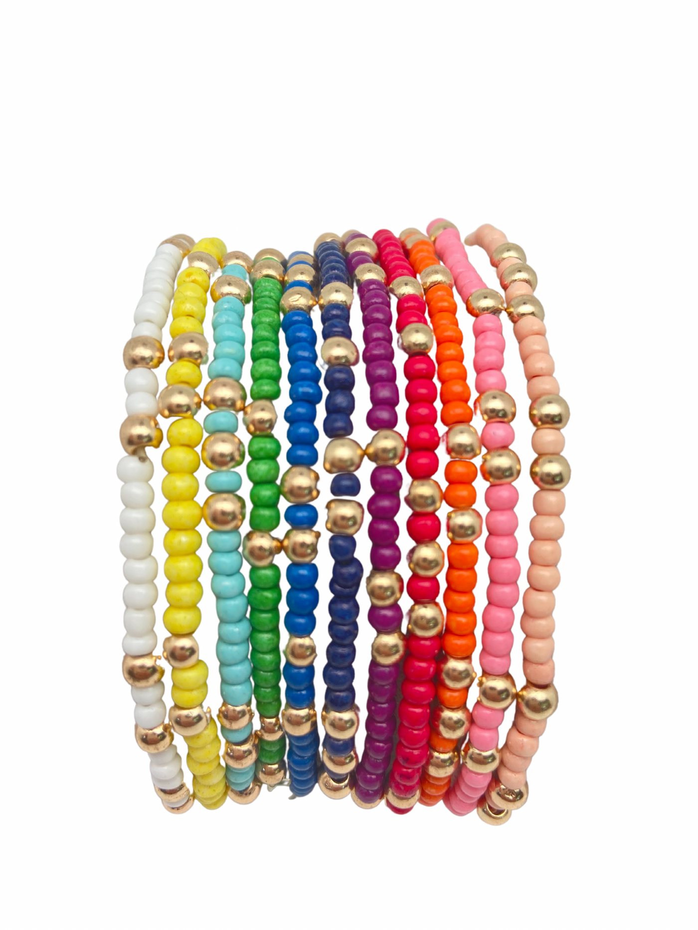 June Rainbow and Wood Beaded Bracelet Set | Colorful Bead Bracelet Stack with Gold Details | Bright Colored Bracelet